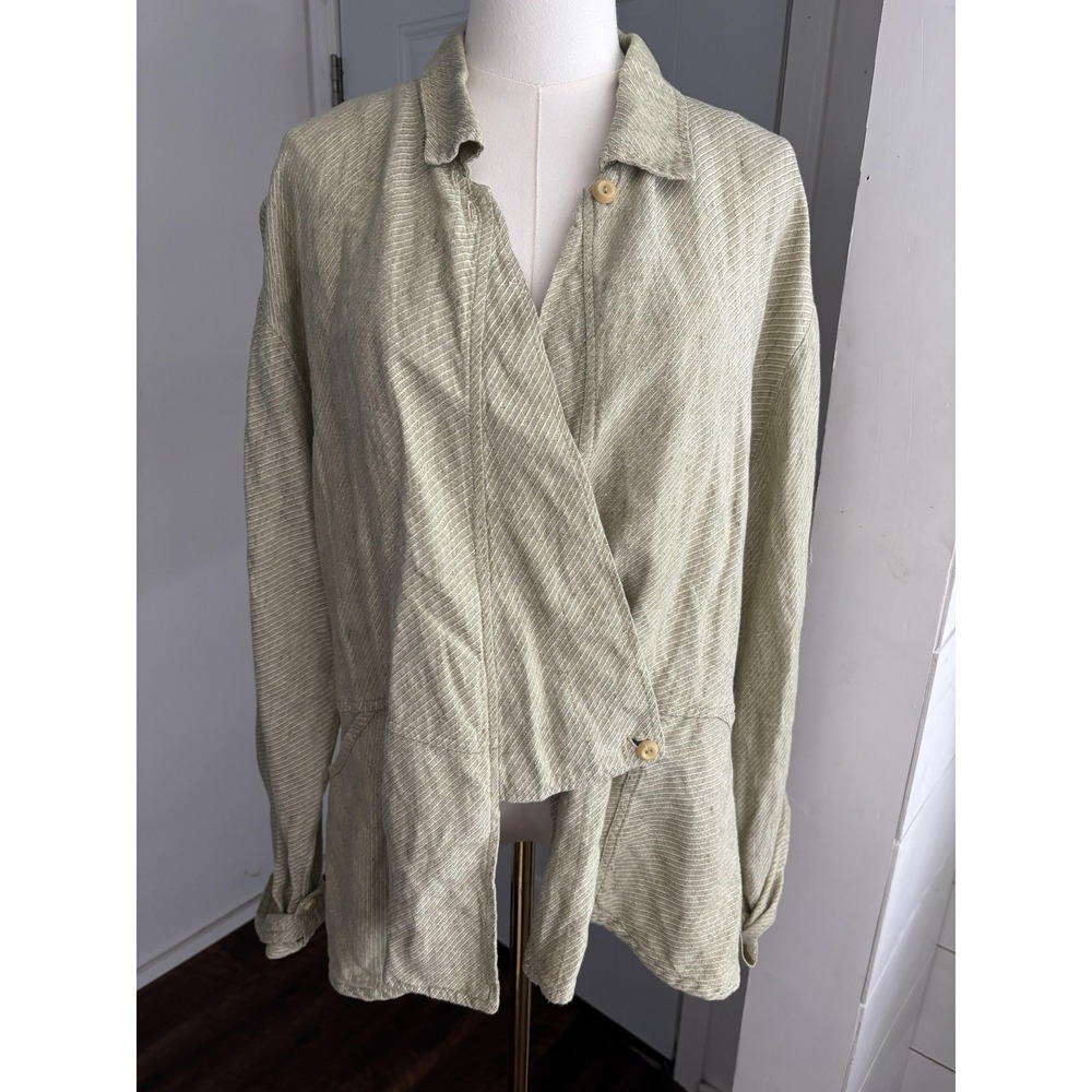 FLAX Jacket Womens‎ Large Green 100% Linen Herringbone Asymmetrical Button